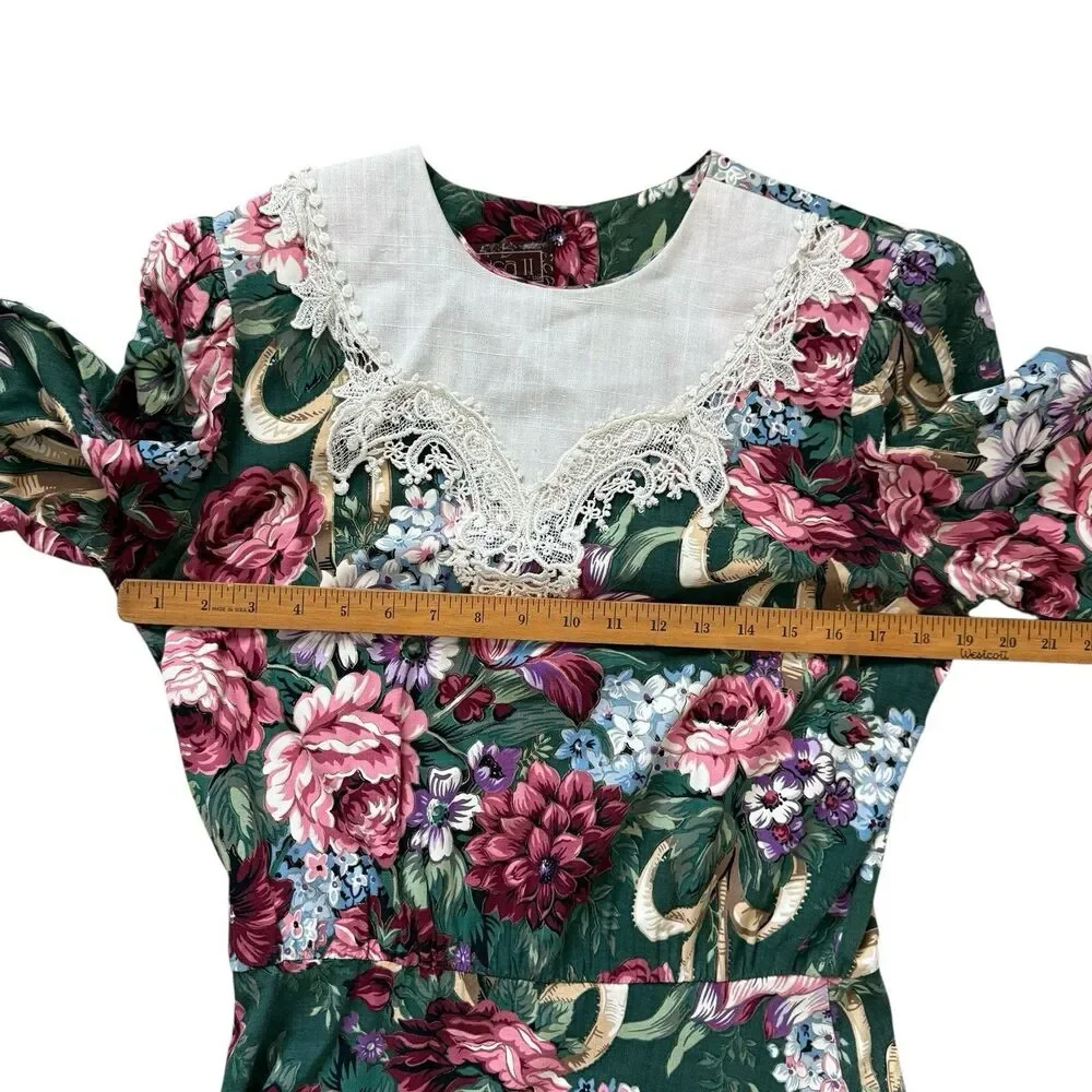 VTG 80s LISA II Floral Prairie Dress Lace Yoke Cottagecore Midi Green Pink S/M